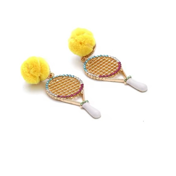Creative Tennis Racket Statement Earrings 2021 New Woman Trend Hairball - Picture 5 of 6